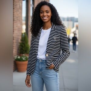 Juicy Couture Vintage Black White Stripped Blazer Jacket Gold Buttons Size M